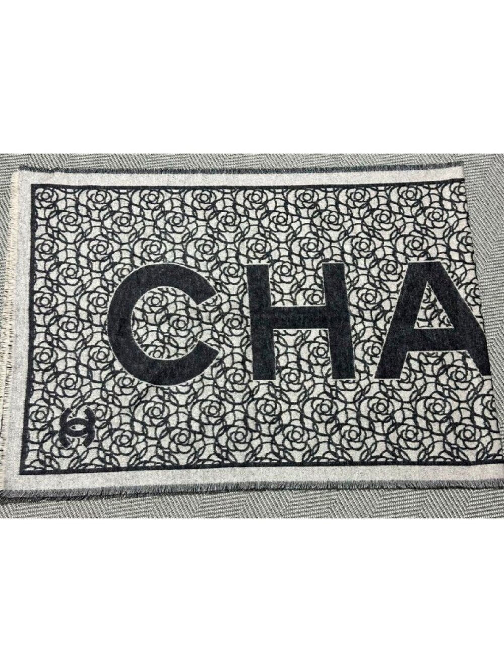NWT Chanel cashmere silk shawl large scarf black white logo camellia floral